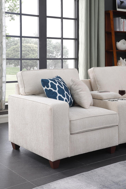 Ball & Cast 127" L-Shaped Sectional Couch with Movable Ottoman&6 Throw Pillow,7 Seat Chenille Upholstered Sofa W/2 Cup Holder,USB Port&Hidden Storage Box,DIY Combination,for Livingroom,Apartment,Beige