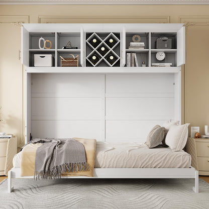 Murphy Bed Queen Size,Murphy Bed with Top Cabinets & Wine Rack,Space-Saving Hideaway Wall Foldable Bed w/Dual Piston Metal Folding Mechanism,Bedroom Folding Bedframe for Guest Room,White