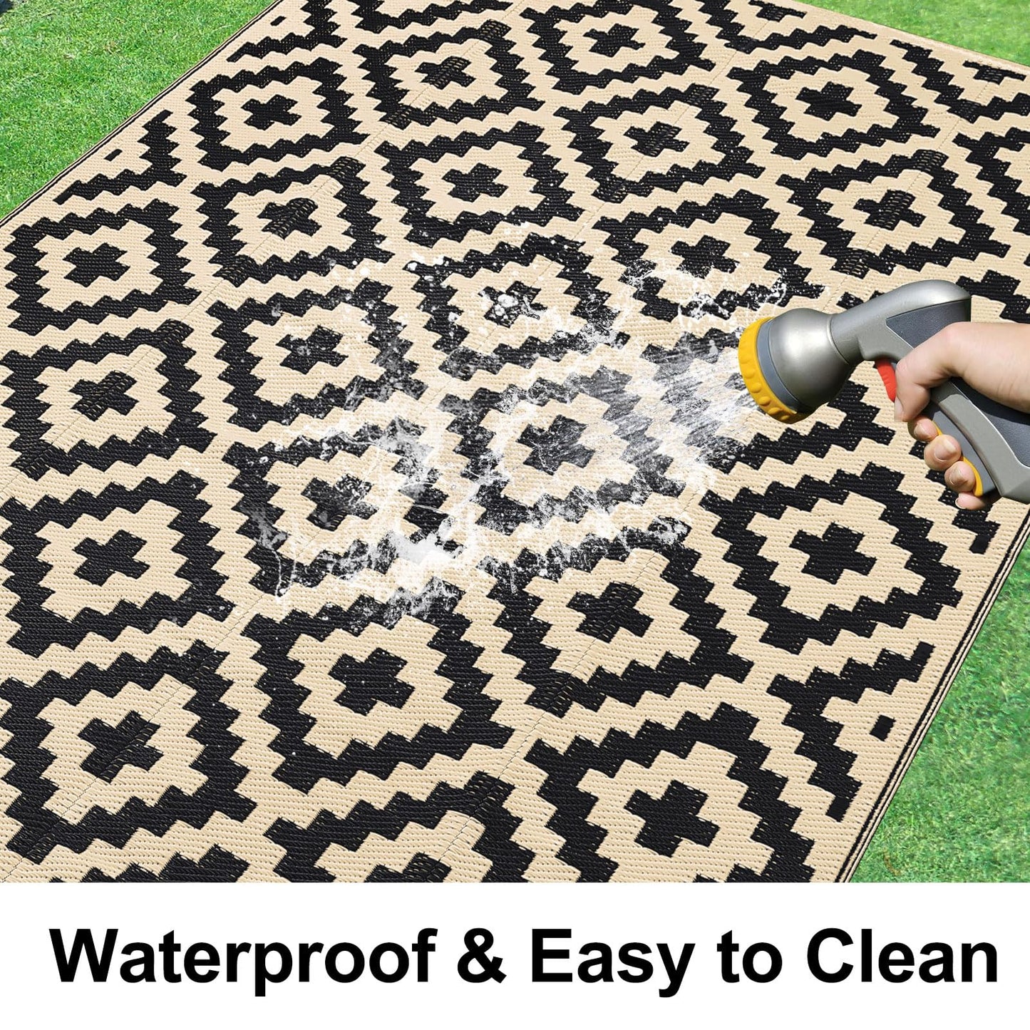 Smiry Waterproof Outdoor Rug 5x8 ft, Reversible Plastic Straw Patio Camping Rugs, Outdoor Indoor RV Mat Carpet for Patio, Outside Entry, Backyard, Deck, Bench, Picnic, Camper, Black & Beige
