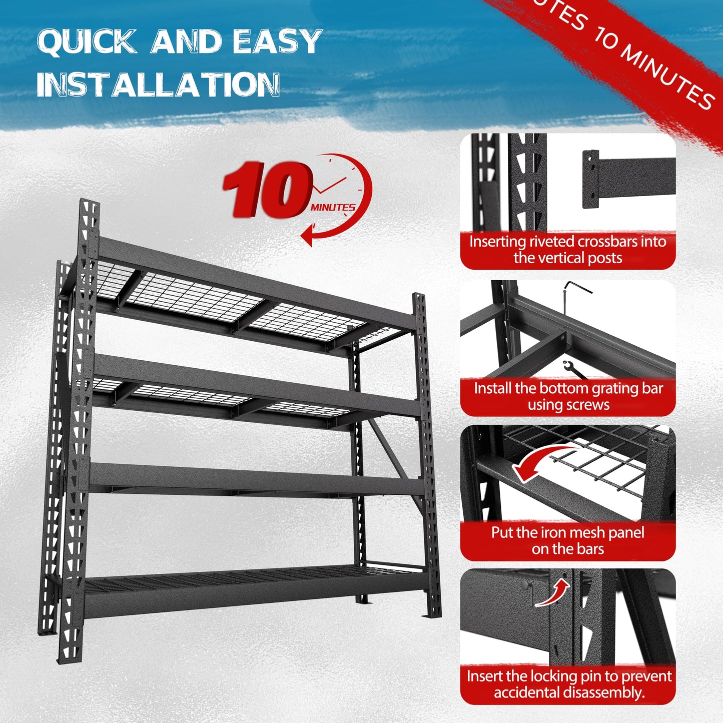 Yardenaler 8000LBS Garage Shelving Units, 4-Tier Industrial Iron Shelving Unit Garage Storage Rack for Basement Warehouse, 78 "W x 24 "D x 72 "H, Black