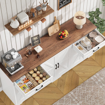 BOTLOG 71” Large Sideboard Buffet Cabinet with Storage, Farmhouse Kitchen Buffet Cabinet with Adjustable Shelves and 6 Barn Doors, Wood Coffee Wine Bar Console Table for Kitchen, Dining Room, White
