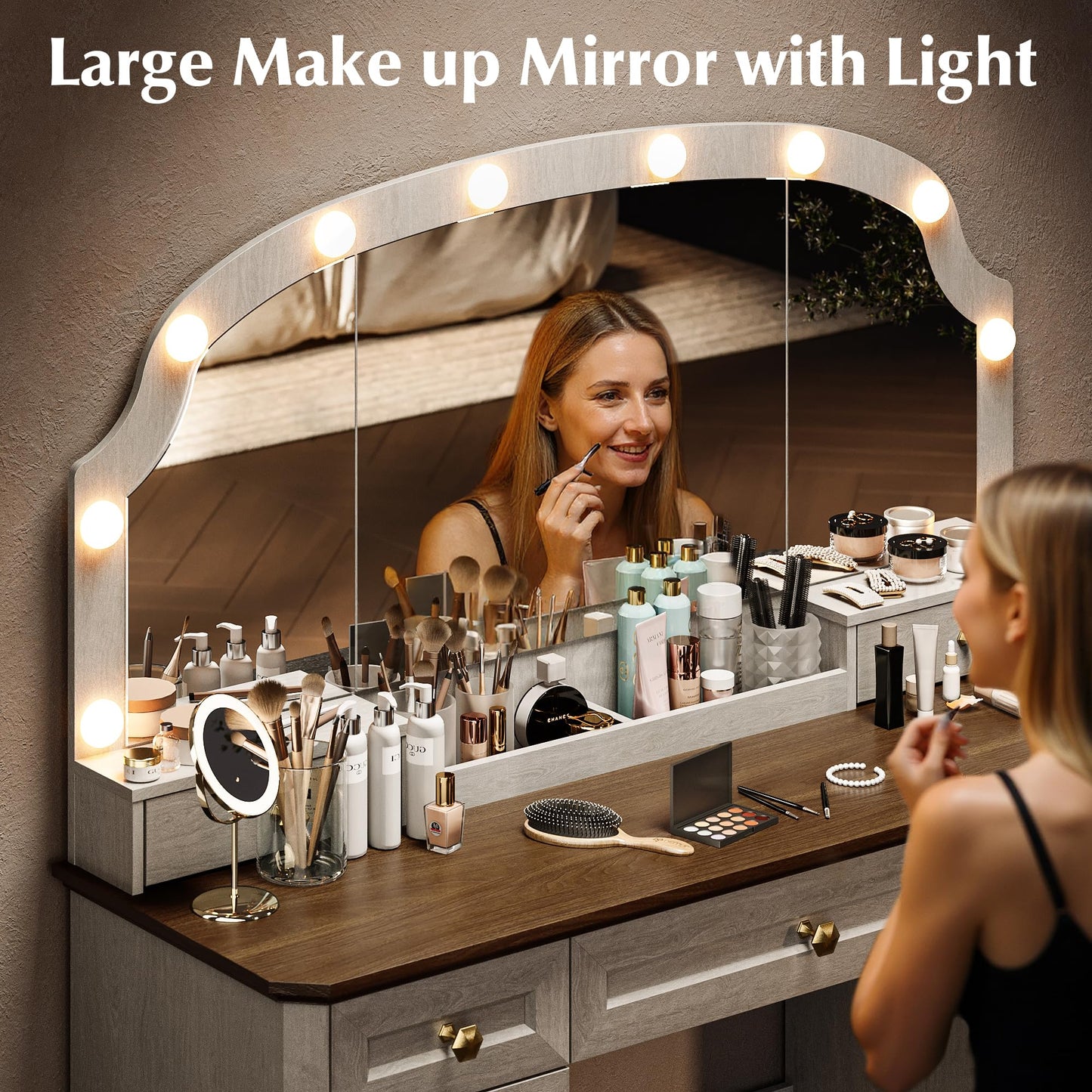 AMBERHAUS Farmhouse Makeup Vanity Desk with Mirror and Lights, 47'' Vanity Table with 8 Storage Drawers 1 Cabinet & 2 Organizer Trays, Large Dressing Table with Charging for Bedroom Rustic White