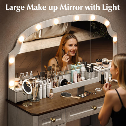 AMBERHAUS Farmhouse Makeup Vanity Desk with Mirror and Lights, 47'' Vanity Table with 8 Storage Drawers 1 Cabinet & 2 Organizer Trays, Large Dressing Table with Charging for Bedroom Rustic White