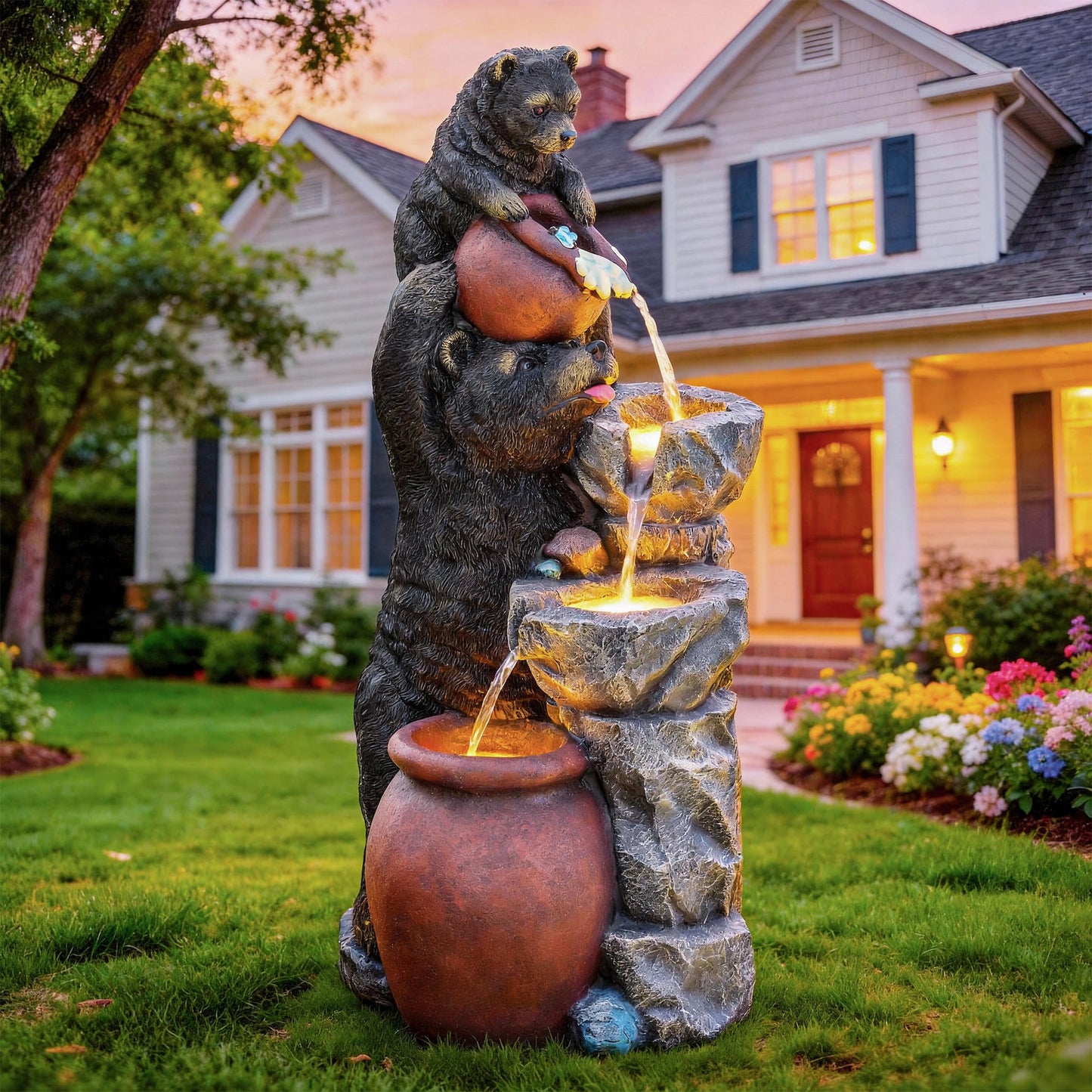 Ultym 37.5" H Resin Playful Twin Bear Fountain Outdoor, Whimsical Multi-Tiered Stone Vessel Water Feature Outdoor with Lights, Soothing Cascading Waterfall for Patio, Backyard, Garden or Porch