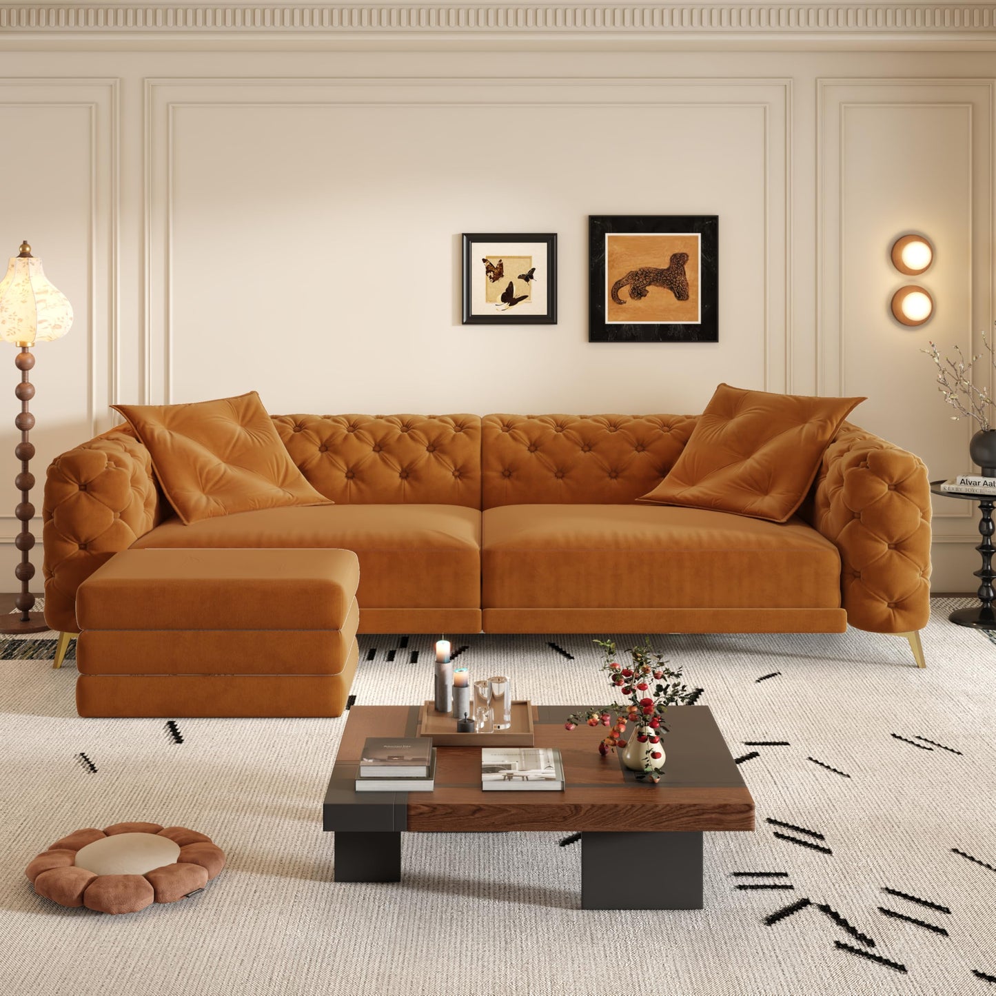 KEIKI 97.7" Convertible Sleeper Sofa Bed, 3 in 1 Pull Out Sofa Bed, 4-Seater Button Tufted Couch with Movable Ottoman for Living Room, Bedroom, Apartment, Orange