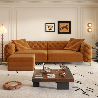 KEIKI 97.7" Convertible Sleeper Sofa Bed, 3 in 1 Pull Out Sofa Bed, 4-Seater Button Tufted Couch with Movable Ottoman for Living Room, Bedroom, Apartment, Orange
