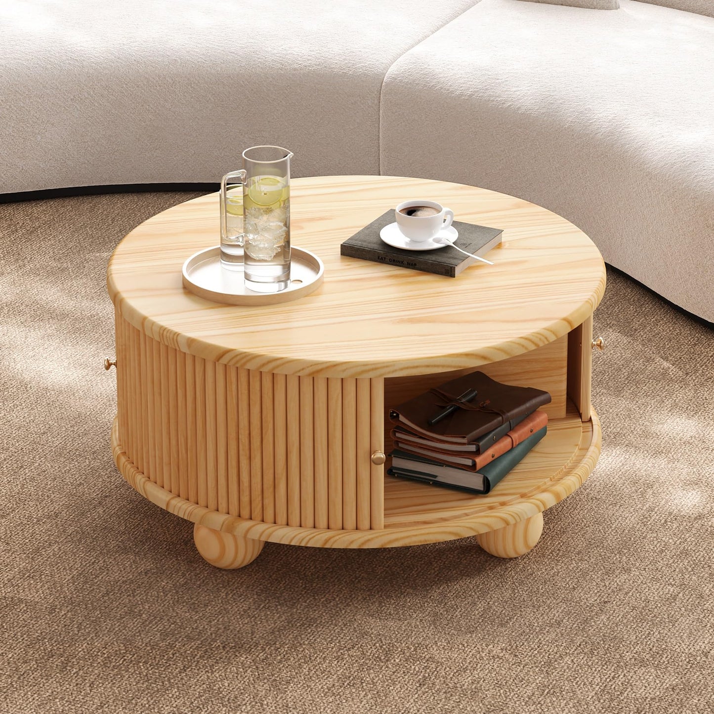 Merax Modern Round Fluted Coffee Table with Storage & Sliding Door – 31.8" Solid Pine Wood Center Table – Living Room Cocktail Table with Hidden Compartment, Natural
