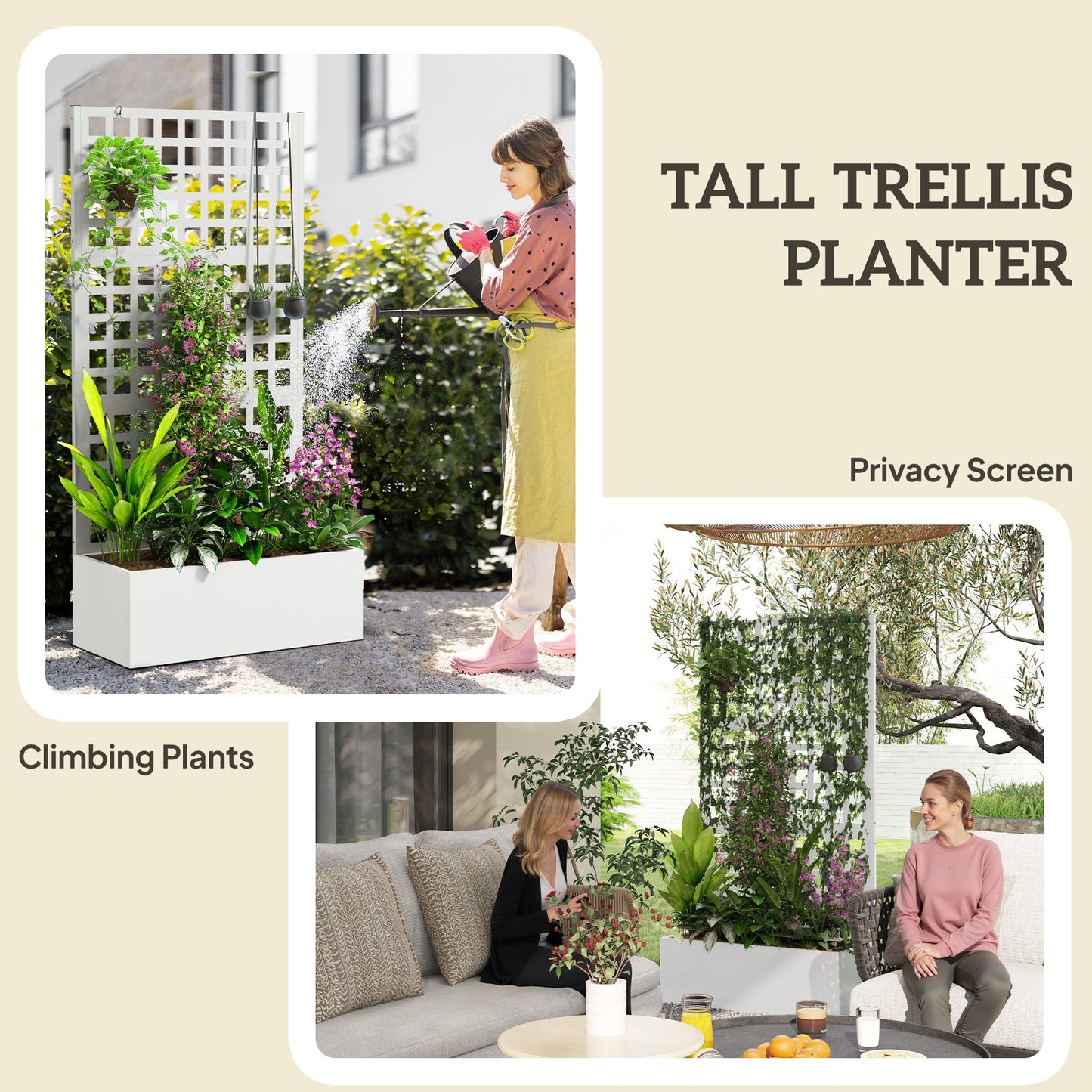 Outsunny Galvanized Raised Garden Bed with Trellis, Metal Planter Box with Drainage Holes, Outdoor Privacy Screen for Climbing Plants, Vegetable, Vines, 35" x 16" x 70", 2 Pack, White