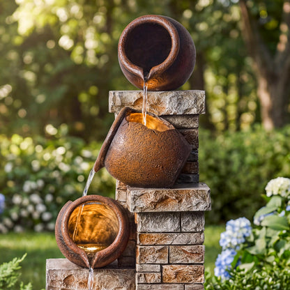 Dalxo 44-Inch Outdoor Water Fountain, 5-Tier Floor Standing Cascading Jars and Stacked Stones Resin Waterfall Fountain with 4 LED Lights, Home Decor for Garden, Patio, Yard, Farmhouse or Deck in Brown
