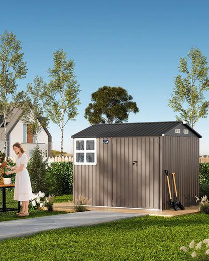 8x6 FT Outdoor Storage Shed with Window and Solar LED Light, Waterproof Metal Garden Tool Shed with Lockable Door, Vented Sloped Roof for Backyard Patio Lawn, Brown