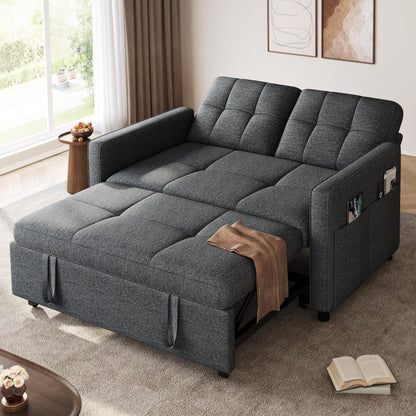 YITAHOME 55" Convertible Sofa Bed, 3-in-1 Sleeper Sofa with Iron Frame Pull-Out Bed, Linen Futon Couch with Reclining Backrest and Side Pocket, Modern Loveseat for Living Room Bedroom Apartment, Grey