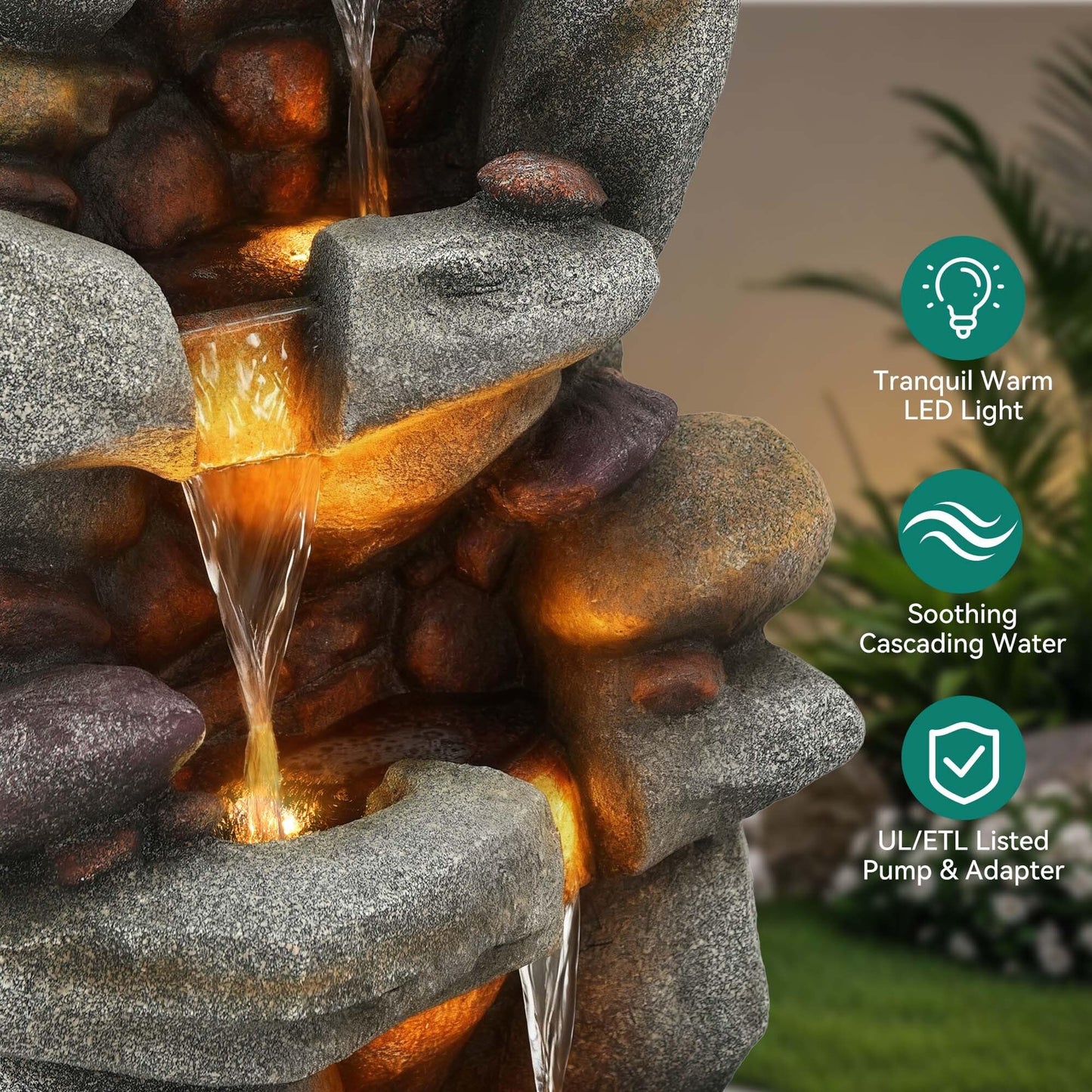 Utym 40" H Oversized Rock Outdoor Fountain with Warm LED Lights, 3-Tier Extra-Large Stacked River Pebbles Waterfall, Weather-Resistant Resin Feature for Garden Patio Yard