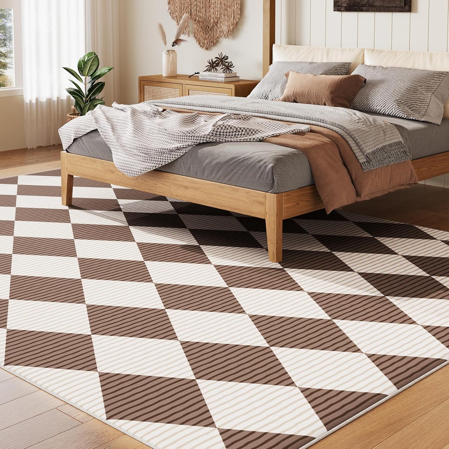 5x7 Washable Checkered Rugs for Bedroom, Brown and White Area Rug for Living Room, Geometric Faux Wool Carpet for Kids