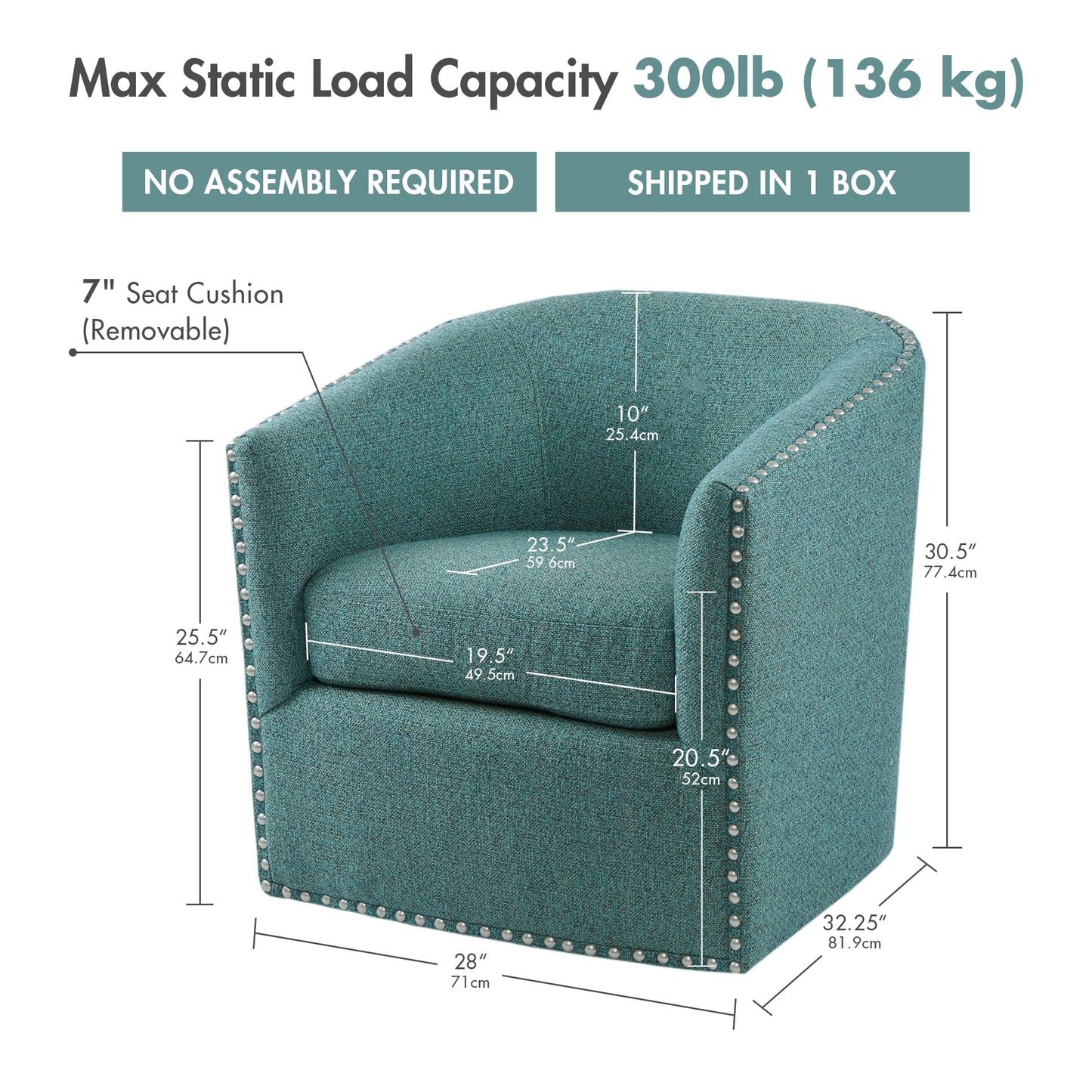 Madison Park Swivel Barrel Accent Chair, Upholstered Curved Back with 7-Inch Thick Woven Cushion, 360° Swivel, Nailhead Trim, Comfy Chair for Living Room, Bedroom, Office, 28" Wide, Teal, Tyler