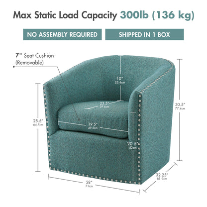 Madison Park Swivel Barrel Accent Chair, Upholstered Curved Back with 7-Inch Thick Woven Cushion, 360° Swivel, Nailhead Trim, Comfy Chair for Living Room, Bedroom, Office, 28" Wide, Teal, Tyler