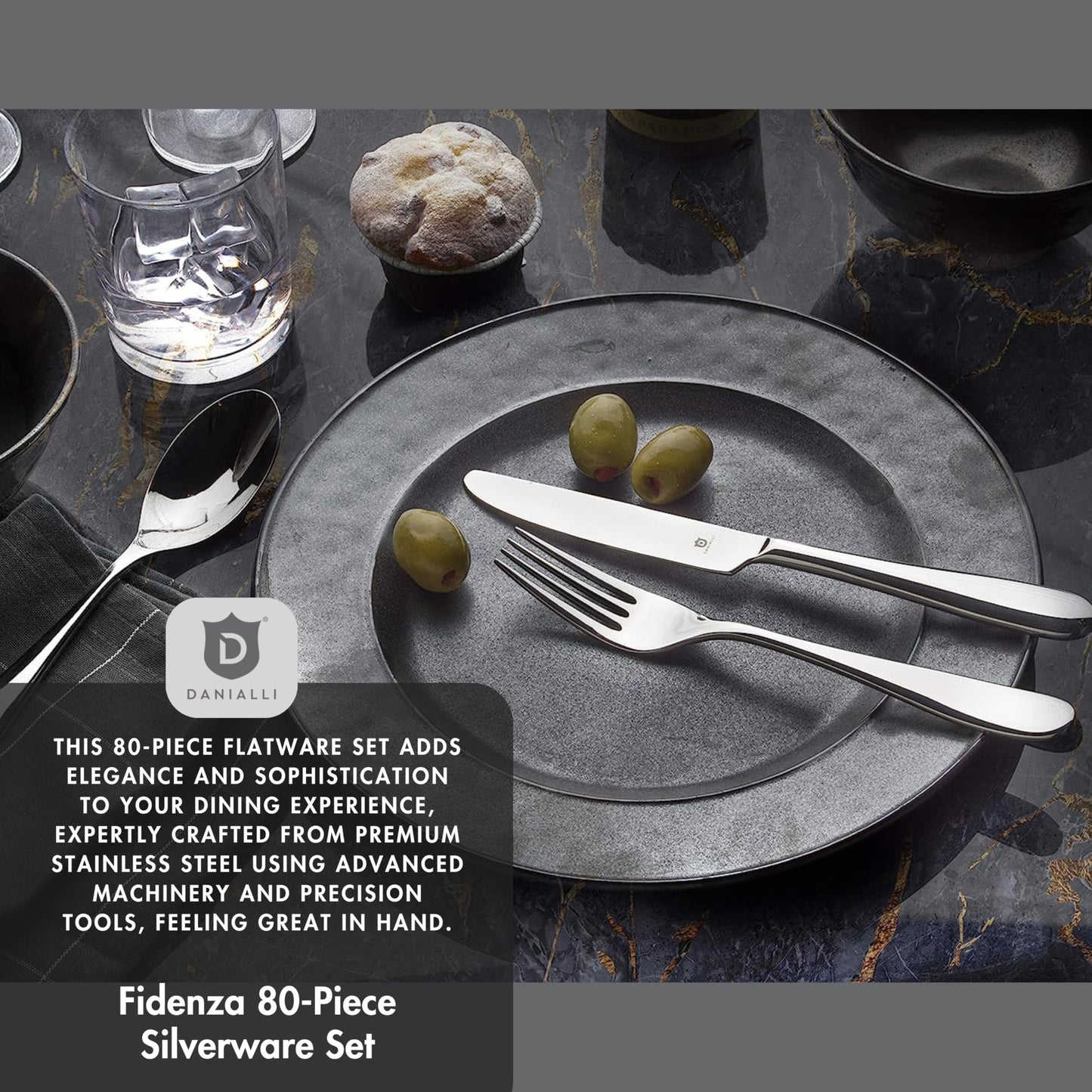 Danialli Silverware Set for 16 – 18/10 Stainless Steel Flatware, Mirror Finish, Dishwasher Safe, Durable and Elegant, Rust Resistant, Perfect for Entertaining (80-Piece Set, Fidenza)