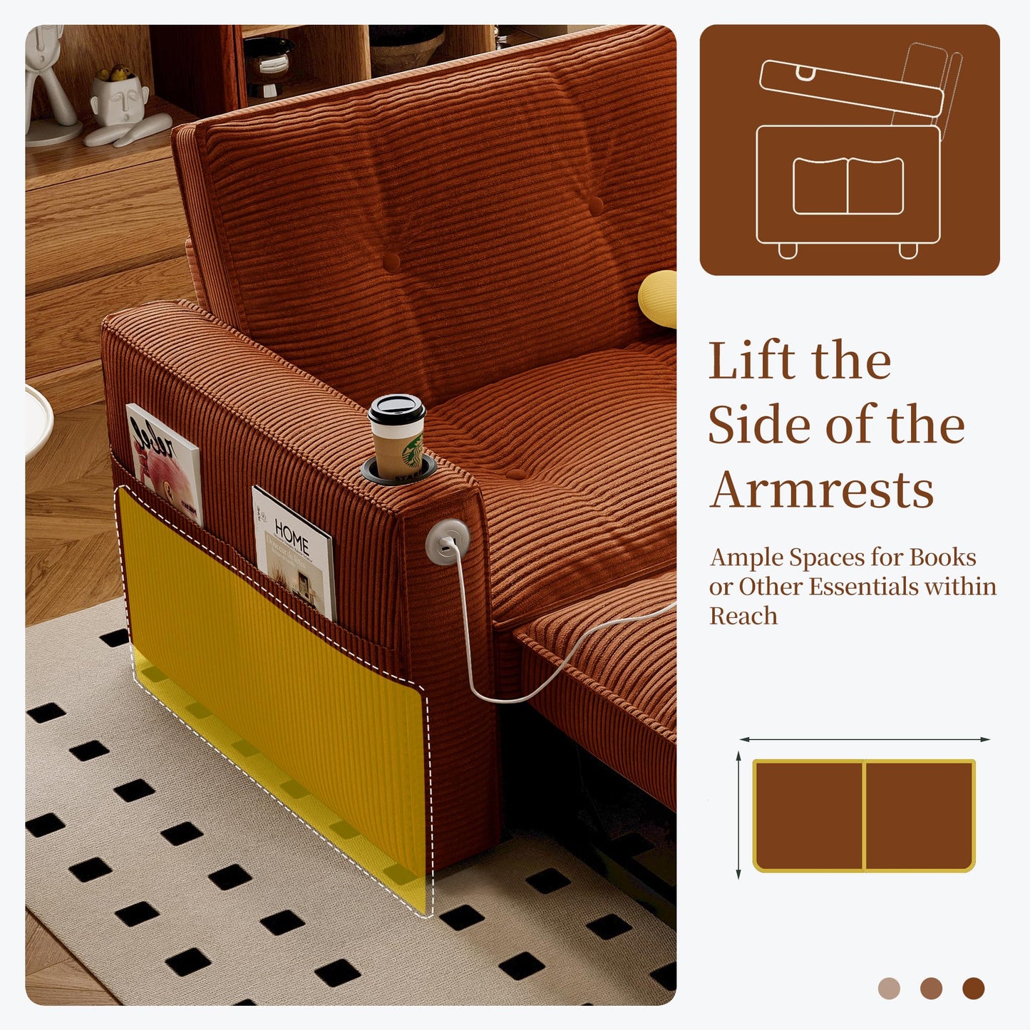 KEIKI Convertible Sofa Bed, 3 in 1 Pull Out Couch, 73" Pull Out Sofa Bed with Side Pocket for Living Room, Bedroom, Small Space, Orange