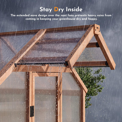 Modern Shade EverBloom 6.5'x10' Wooden Greenhouse, 8' Extra-Tall Cedar Wood Greenhouse with Built-in Outdoor Faucet Kit, Heavy Duty Greenhouse with Built-in Shelving, Power Strip & Ventilation System