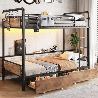 Jocoevol Metal LED Bunk Bed Twin Over Twin with 2 Storage Drawers, USB Charging Station, Industrial Bunkbeds Heavy Duty Bed with Safety Guardrail and Ladder, No Box Spring Needed, Vintage Brown