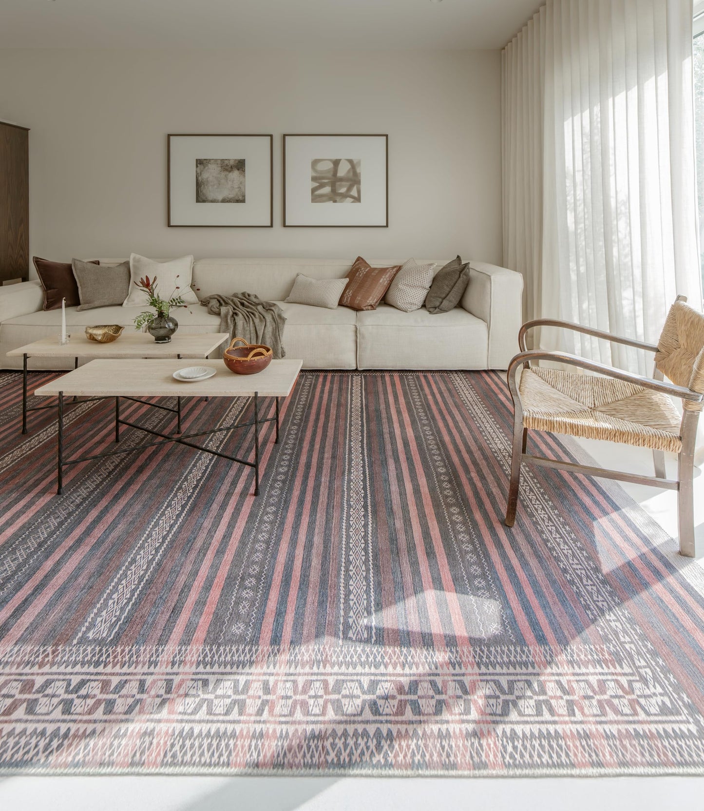KNOTTING MATTERS Vibe Stripe 7’6” x 9’6” Area Rug – Sand, Charcoal & Clay Heritage Flatweave, Low-Pile – Easy Clean Area Rug – Perfect for Living Room, Dining Room, Bedroom – Pet & Kid Friendly