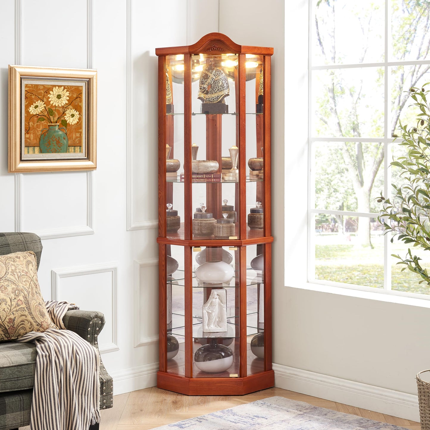 KEIKI 72" Corner Glass Display Cabinet with Adjustable Shelves, for Collectibles, Storage Curio Cabinet with Arched Floral Carving Decoration, 6-Tier Showcase Display Case, for Living Room, Oak