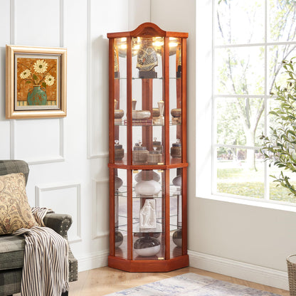 KEIKI 72" Corner Glass Display Cabinet with Adjustable Shelves, for Collectibles, Storage Curio Cabinet with Arched Floral Carving Decoration, 6-Tier Showcase Display Case, for Living Room, Oak
