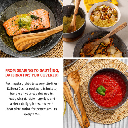 DaTerra Cucina Nonstick Small Chef Bundle – 2.6 Qt Ceramic Saucepan with Lid, 9.5" Frying Pan, 5-Piece Olive Wood Cooking Utensils – Oven Safe, Induction Compatible, PTFE & PFOA Free – Made in Italy