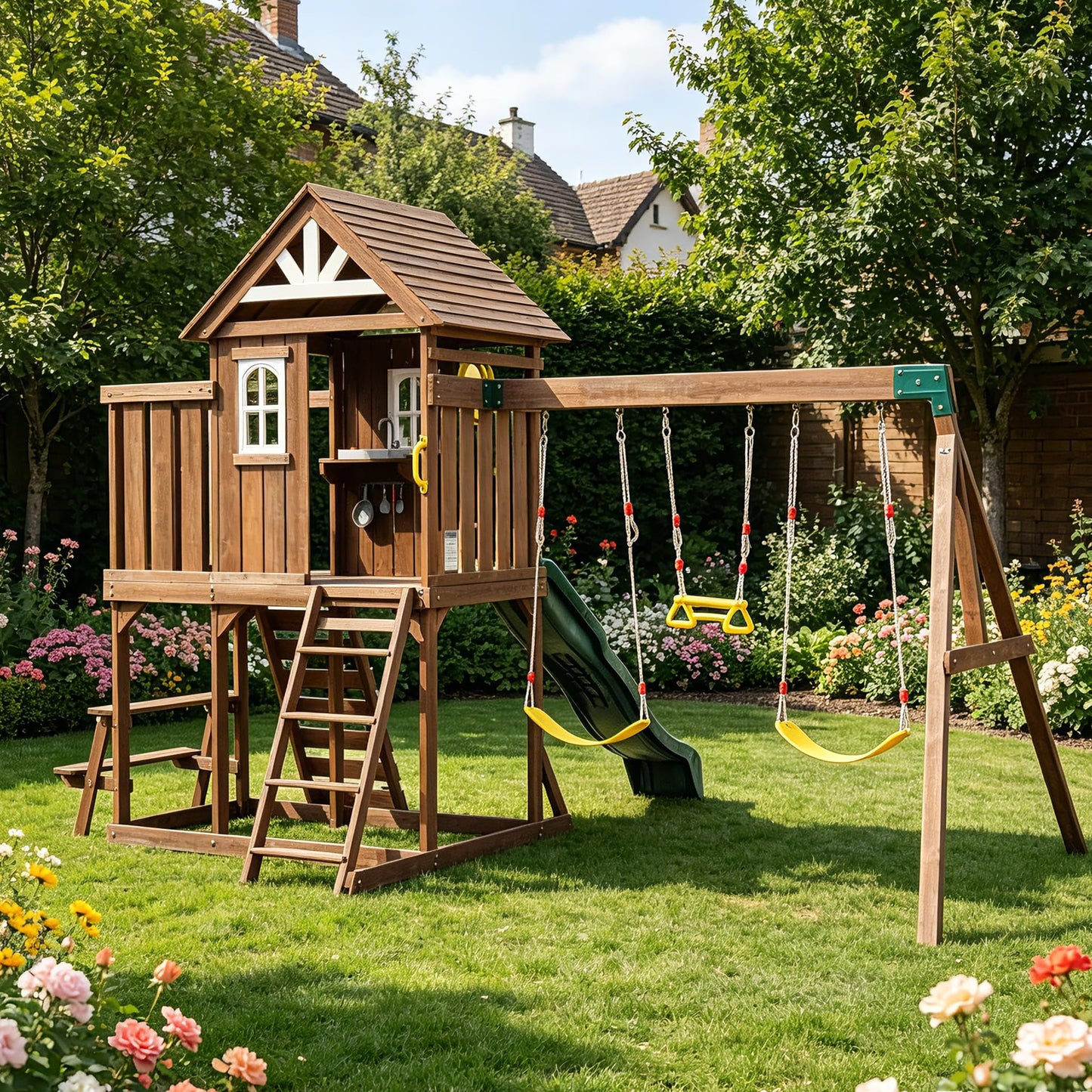 Wooden Swing Set with 2 Swings, Wave Slide, Play Deck, Climbing Wall & Trapeze Rings - Outdoor Backyard Playset for Kids - Heavy Duty Wooden Jungle Gym