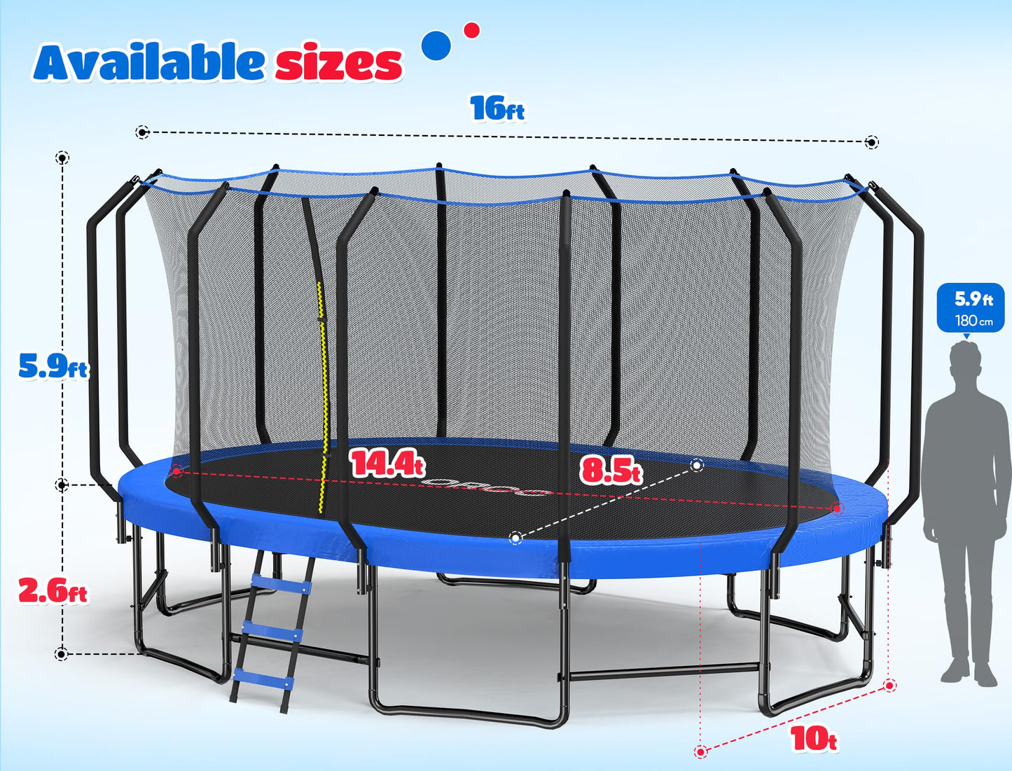 ORCC Oval Trampoline for Kids, 10x16FT Outdoor Trampoline with Safety Net - Recreational Gymnastics Trampolin, 1200LBS Capacity, Heavy-Duty Galvanized Steel Frame Yard Trampolines
