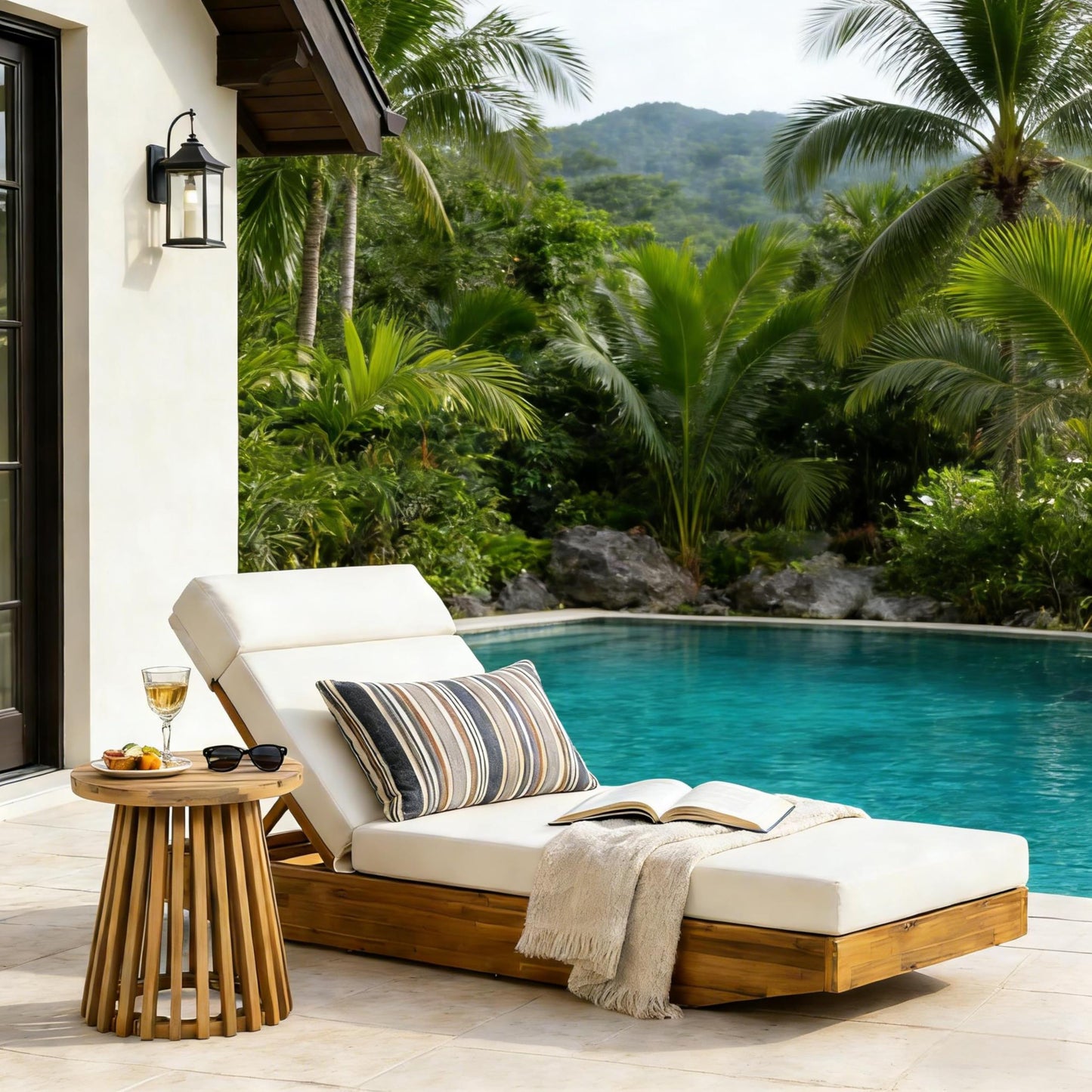 Modern Acacia Wood Outdoor Chaise Lounge with Cream Water-Repellent Cushion & Integrated Headrest, Adjustable & Foldable Design for Patio, Poolside, Garden