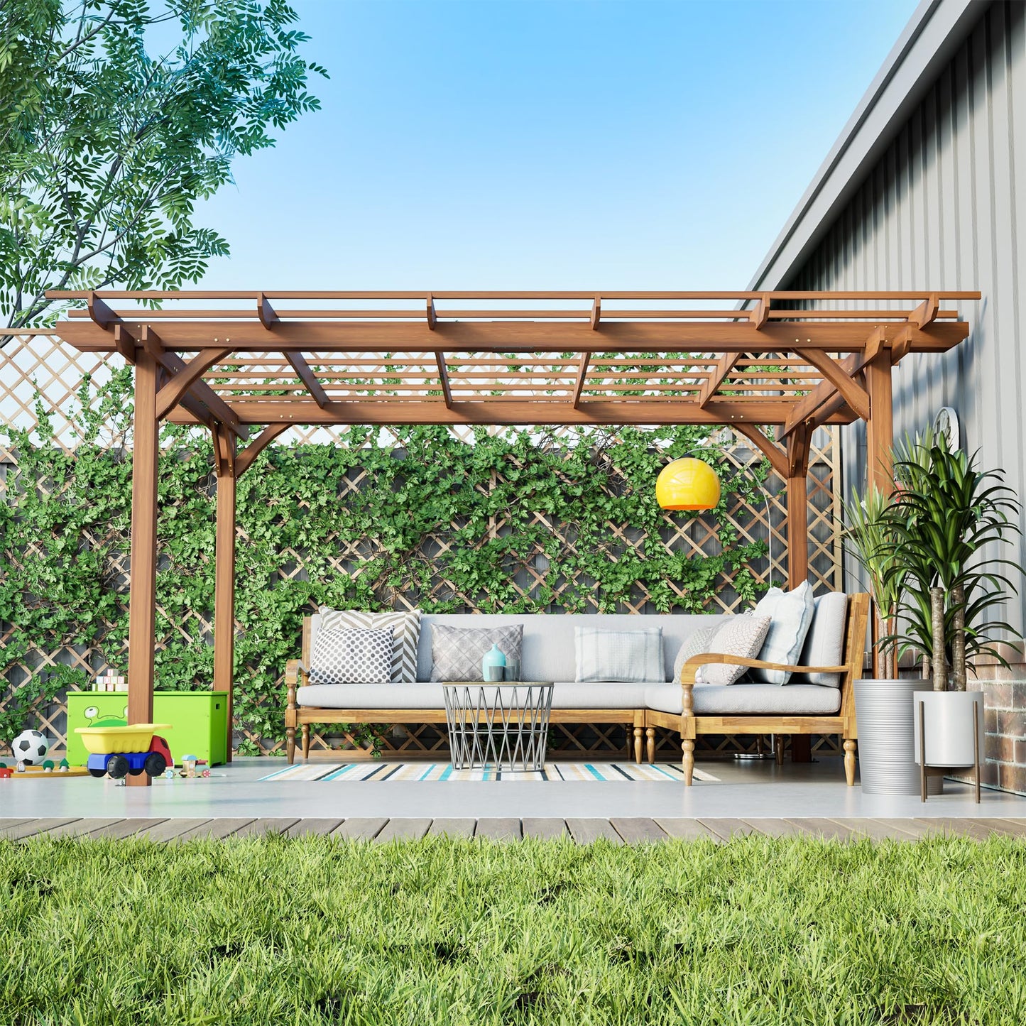 Outdoor Wooden Pergola, Fir Wood, 12x10 Ft, for Patio, Backyard, Garden, Lawn, Natural Brown