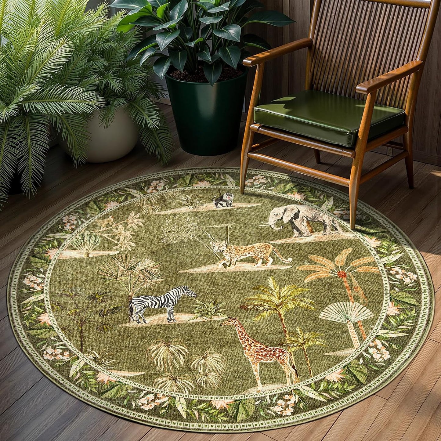 jinchan 5ft 5' Round Rug Green Jungle Animals Print, Machine Washable Circle Modern Soft Non-Slip Forest Plant Throw
