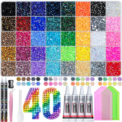 Lotwow 50000Pcs Bedazzling Kit with Rhinestones 3mm, 40 Colors Bedazzler Kit Resin Rhinestones Nail Gems & Glitter Gem Art Supplies, Diamond Art Kits Accessories with Pickup Pen, 4pcs 10ml B7000 Glue