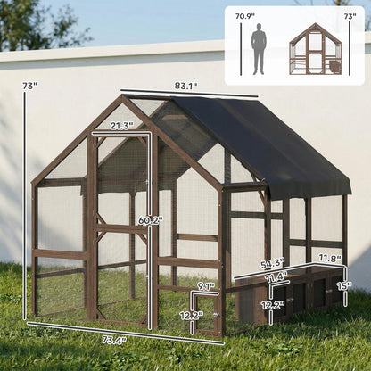 PawHut Large Wooden Chicken Coop for 8-10 Hens, Walk-in Chicken Run with Waterproof Cover, Nesting Boxes and Perches, Outdoor Poultry Cage Rabbit Hutch for Backyard, 83" x 73" x 73", Dark Brown