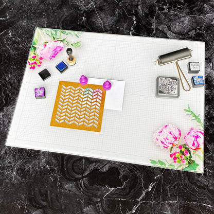 GLASSBOARD STUDIO Glass Craft Mat - Magnetic, Heat & Scratch Resistant - For Crafting, Cutting, Painting, Mixed Media Artwork - Grid Lines, Non-Slip Rubber Feet (Floral 24"L x 36"W)