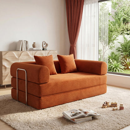 53.15"Boneless Couch,4-in-1 Futon Sofa Bed Modular Loveseat Sleeper Folding Compressed Couch with Pillows,No Assembly Required Convertible Sofa Bed for Living Room Bedroom Guest Room,Orange
