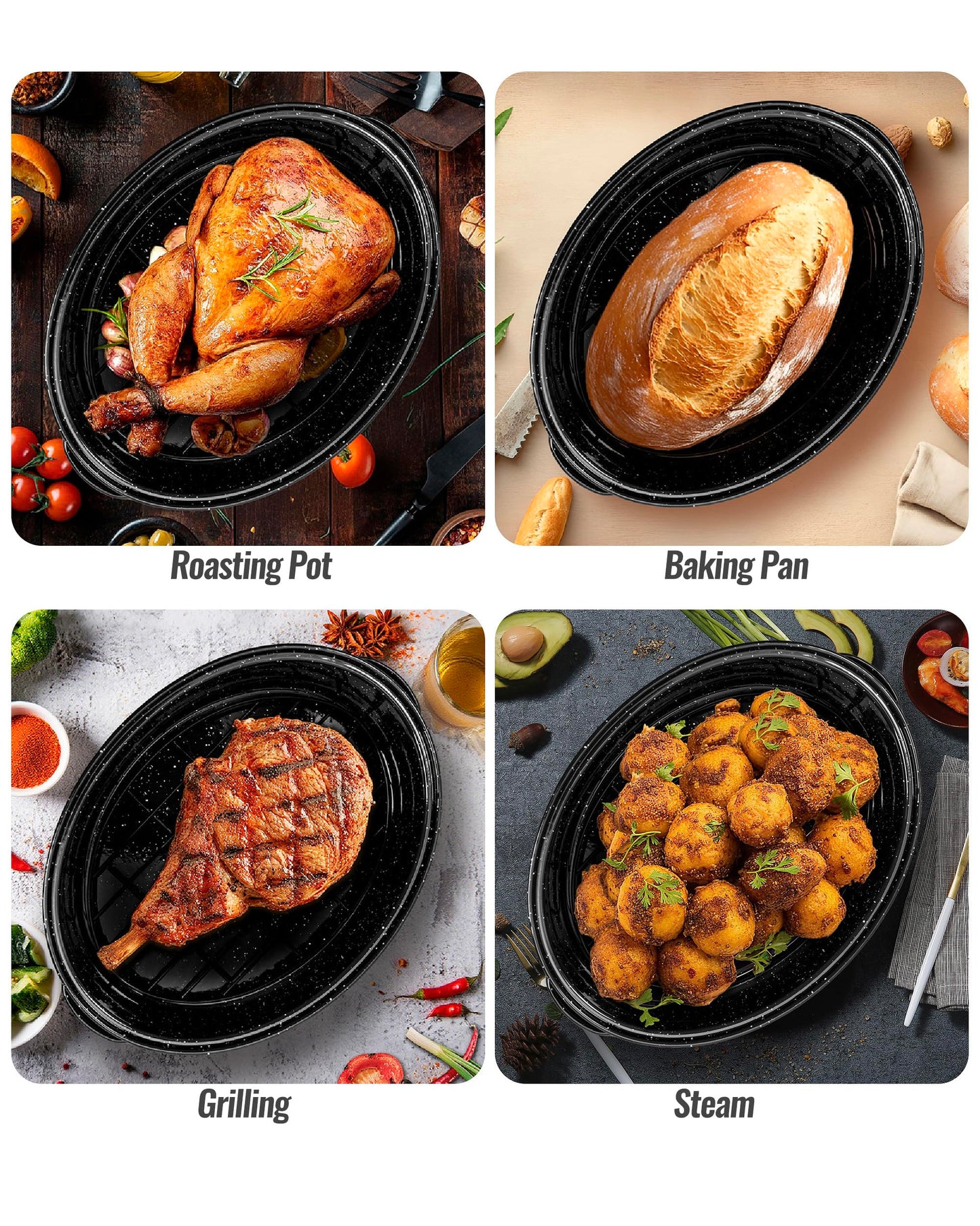 MCCSI Roasting Pan with Lid & Rack 18 Inch Extra Large Deep Oven Baking Pot, Enamel Granite Non-Stick Oval Carbon Steel Pot for Turkey Chicken Ham Steak Non-Toxic for Mother Day Gift Roaster Pan