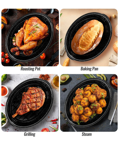 MCCSI Roasting Pan with Lid & Rack 18 Inch Extra Large Deep Oven Baking Pot, Enamel Granite Non-Stick Oval Carbon Steel Pot for Turkey Chicken Ham Steak Non-Toxic for Mother Day Gift Roaster Pan