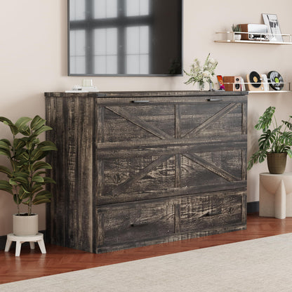 Queen Murphy Bed with Charging Station,Farmhouse Murphy Beds w/Large Storage Drawer,Hideaway Foldable Platform Bed for Guest Bedroom, Living Room, Office,Small Room,Pull Out Bedframe,Grey