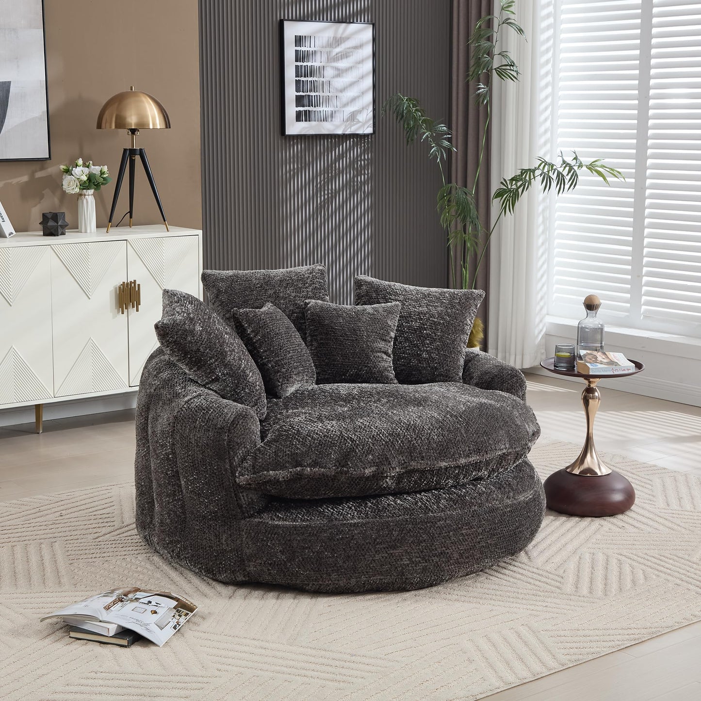 LITVZ Oversized Round Chaise Lounge Indoor, Comfy Round Boneless Sofa Chair with Extra Deep Seat, Cozy Memory Foam Cuddle Circle Couch and 5 Pillows for Reading Living Room