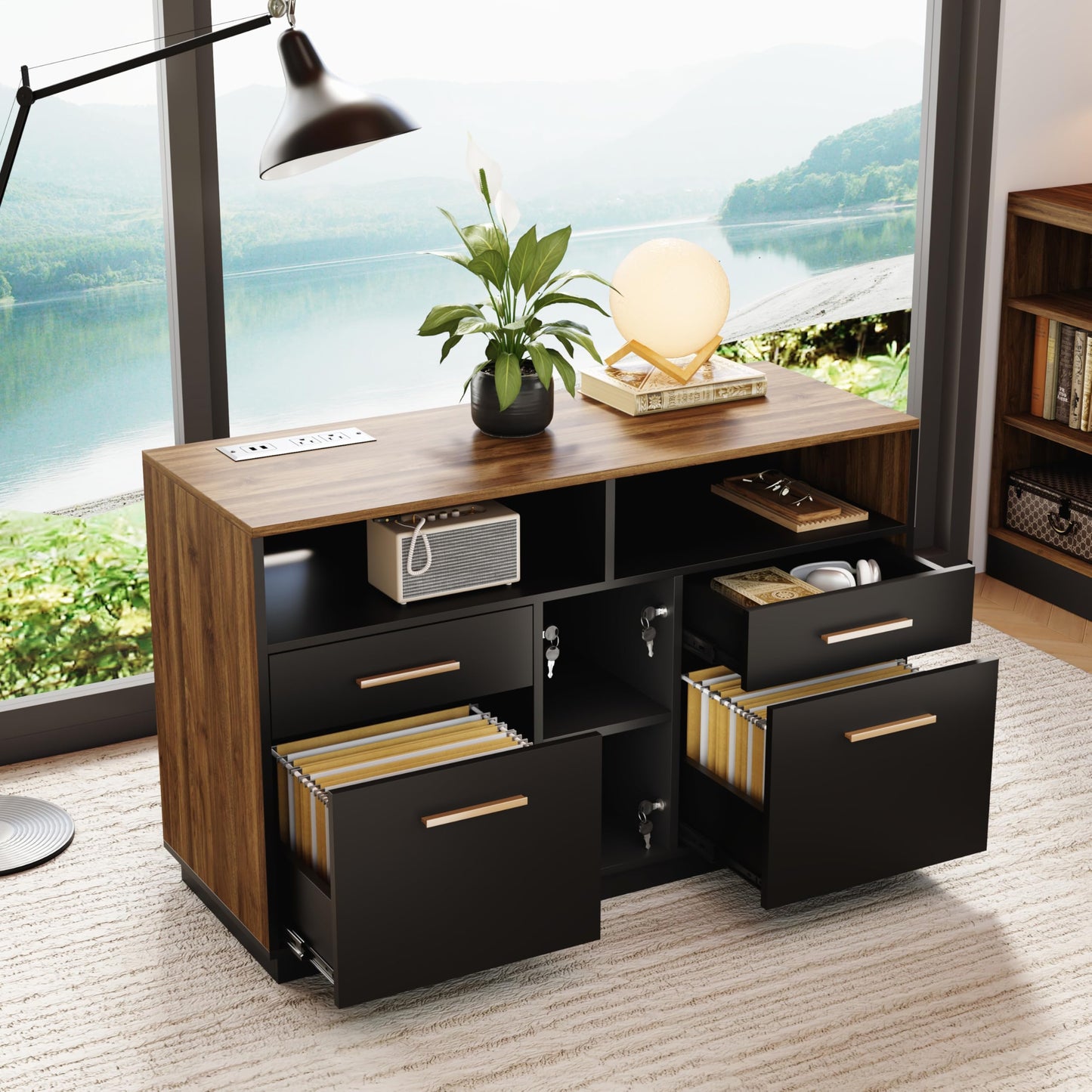ModernMate 4 Drawer File Cabinet, Wood Filing Cabinet for Home Office with Lock, Power Strip, Storage Shelves, Home Office Lateral File Storage Fits A4/Letter Size, Black Walnut