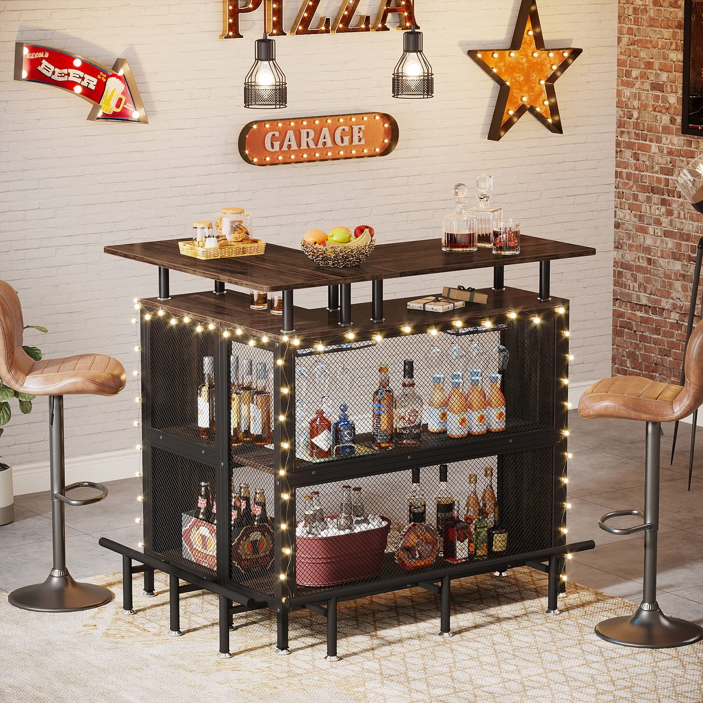 Tribesigns Home Bar Unit, L-Shaped Bar Table with Stemware Racks and 2-Tier Shelves, Corner Mini Coffee Liquor Cabinet with Footrest for Home/Kitchen/Pub, Rustic Brown