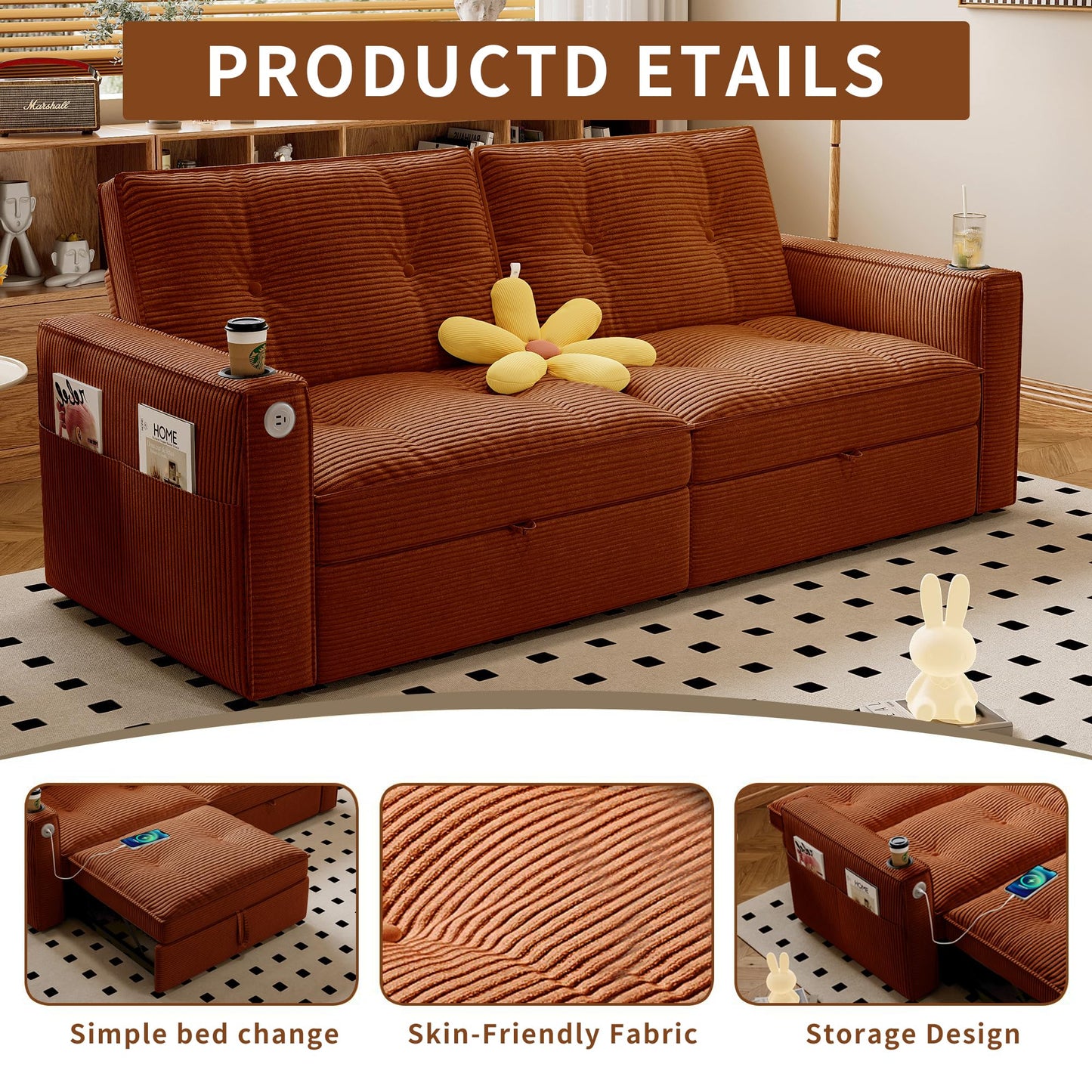 KEIKI Convertible Sofa Bed, 3 in 1 Pull Out Couch, 73" Pull Out Sofa Bed with Side Pocket for Living Room, Bedroom, Small Space, Orange