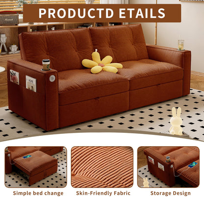 KEIKI Convertible Sofa Bed, 3 in 1 Pull Out Couch, 73" Pull Out Sofa Bed with Side Pocket for Living Room, Bedroom, Small Space, Orange