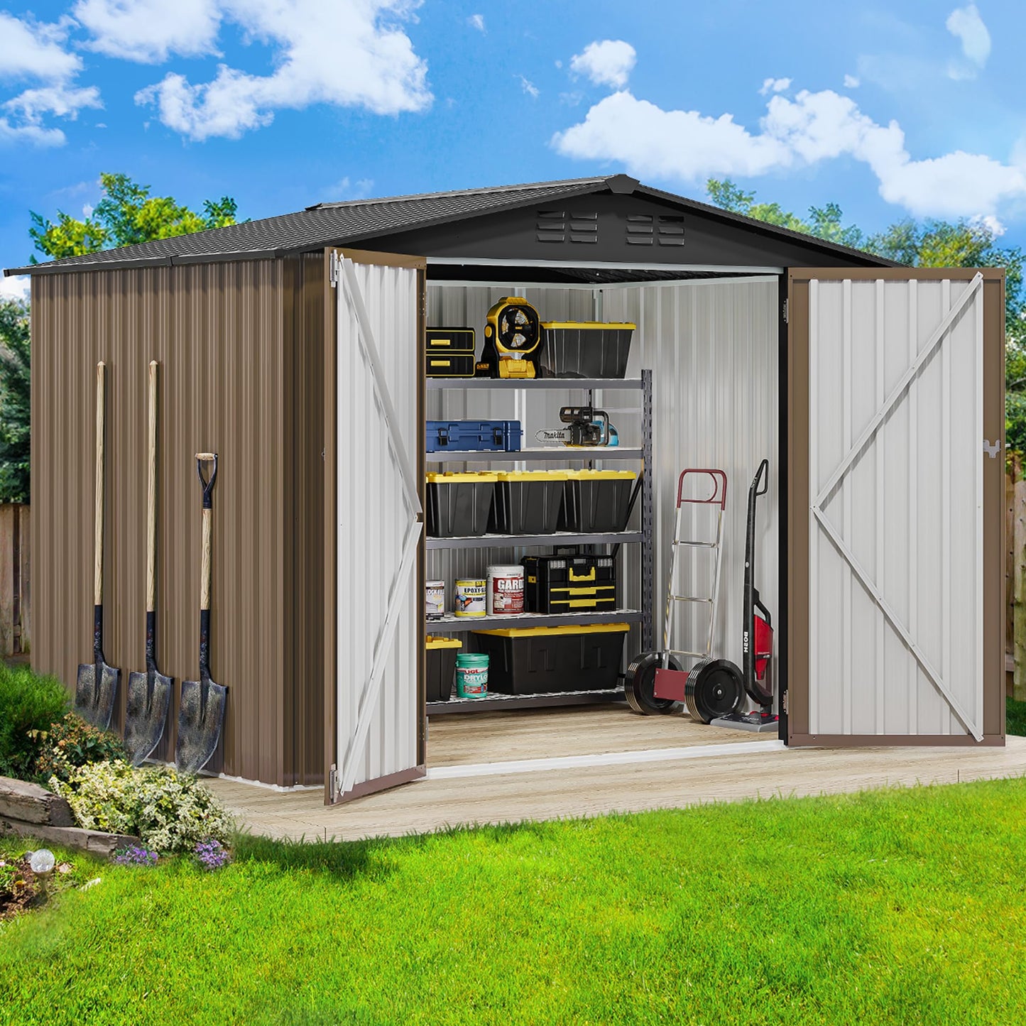 DWVO 7x5ft Metal Outdoor Storage Shed, Waterproof Tool Shed Heavy-Duty Storage Unit with Lockable Door and Vents, Ideal for Bicycles, Tools, Lawnmowers, Backyards, Patios, Lawns - Brown