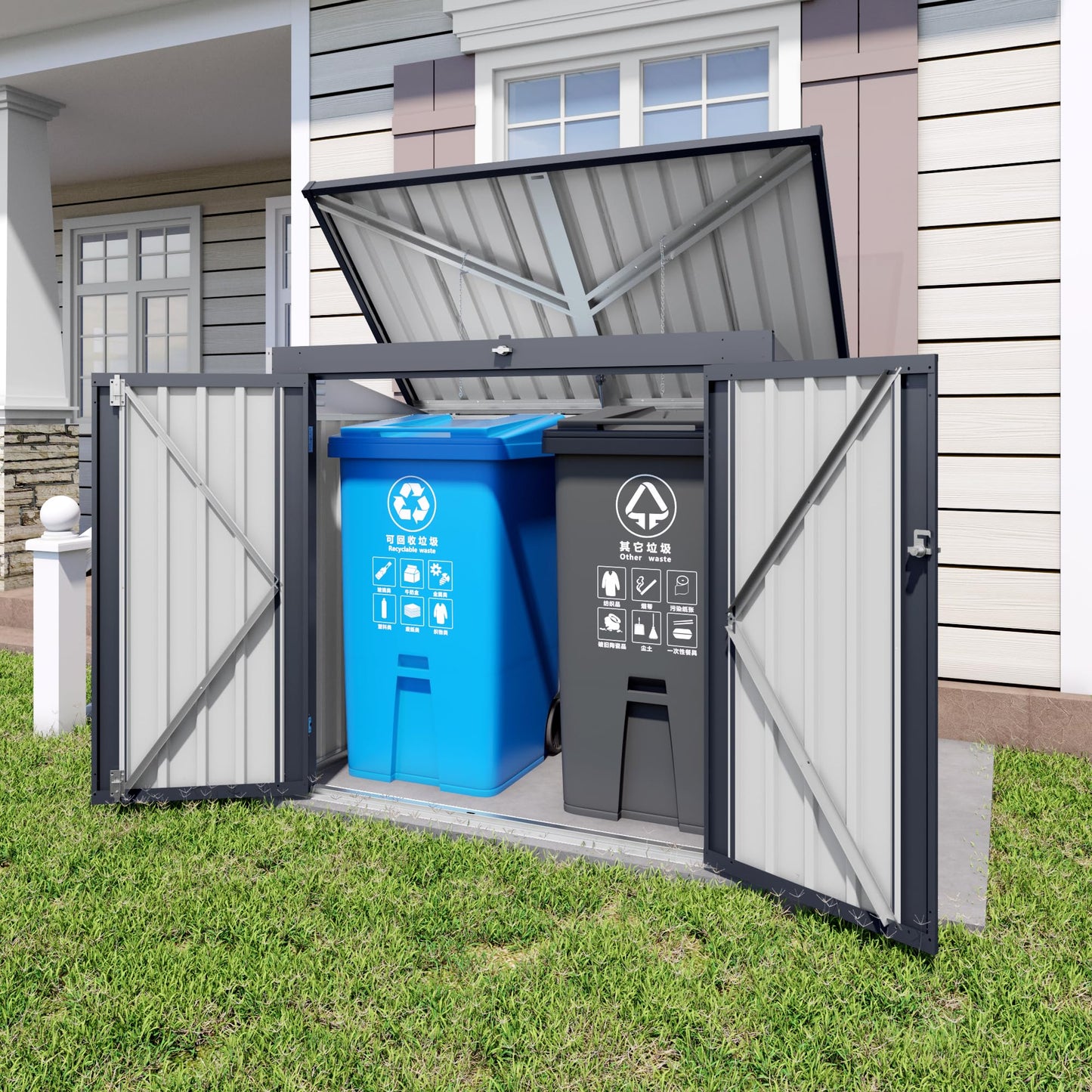 Outdoor Storage Shed with Dual Doors & Removable Top Lid, Metal Garden Tool Shed, Weather Resistant Waterproof Trash Can Bike Storage Organizer with Ventilation Sloped Roof Yard Utility Box