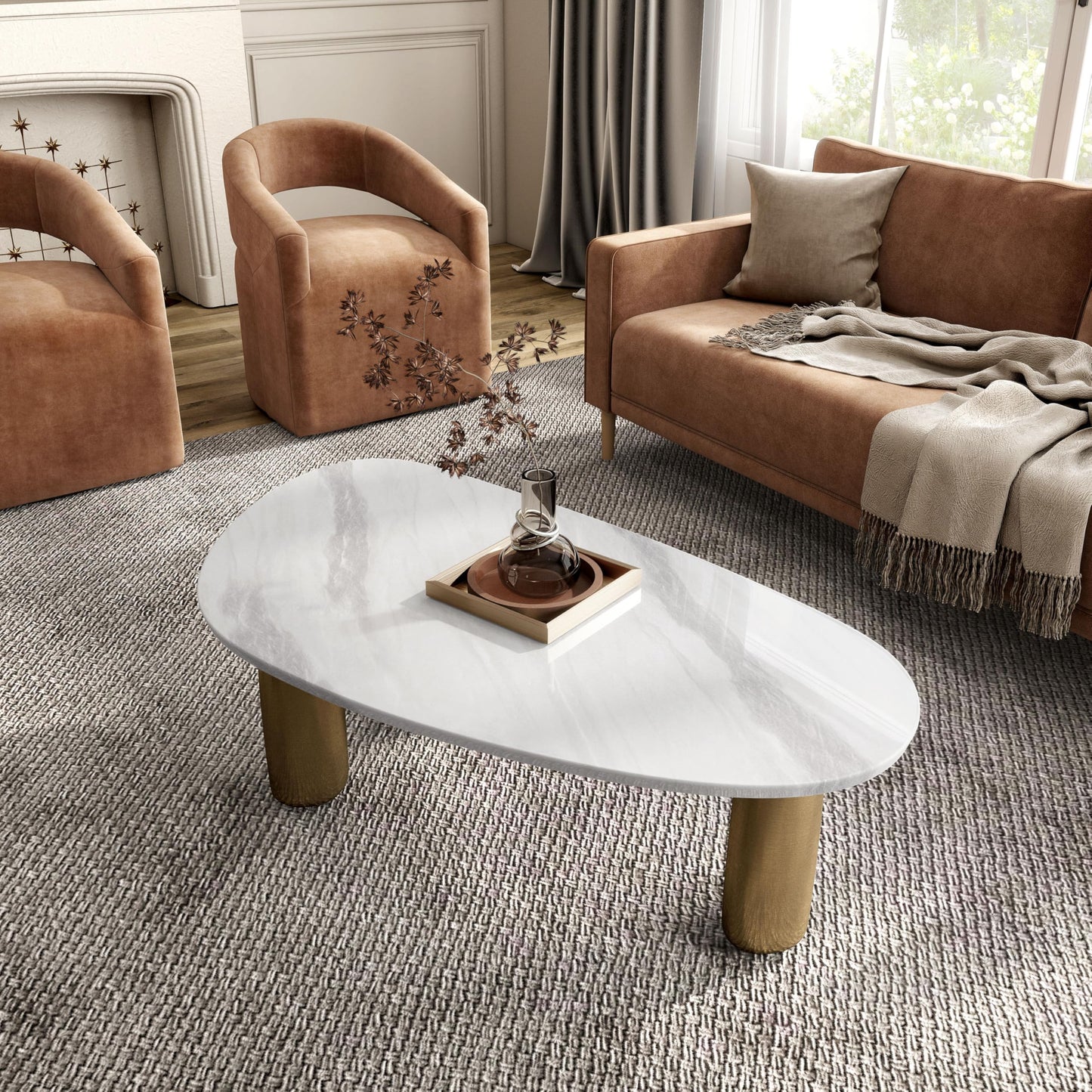 Furniture of America Gavora Modern 51-inch Oval Sintered Stone Top Coffee Table with Gold Triple Pedestal Legs for Small Space, Living Room, Home Office, White