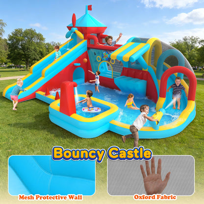 Inflatable Bounce House with Double Slide, Water Slide with Jumping Area, 10 in 1 Large Bounce Castle, Splash Pool, Climbing Wall, Toy Stand, Water Cannon, Basketball, Tunnel, Outdoor, Indoor, Blue