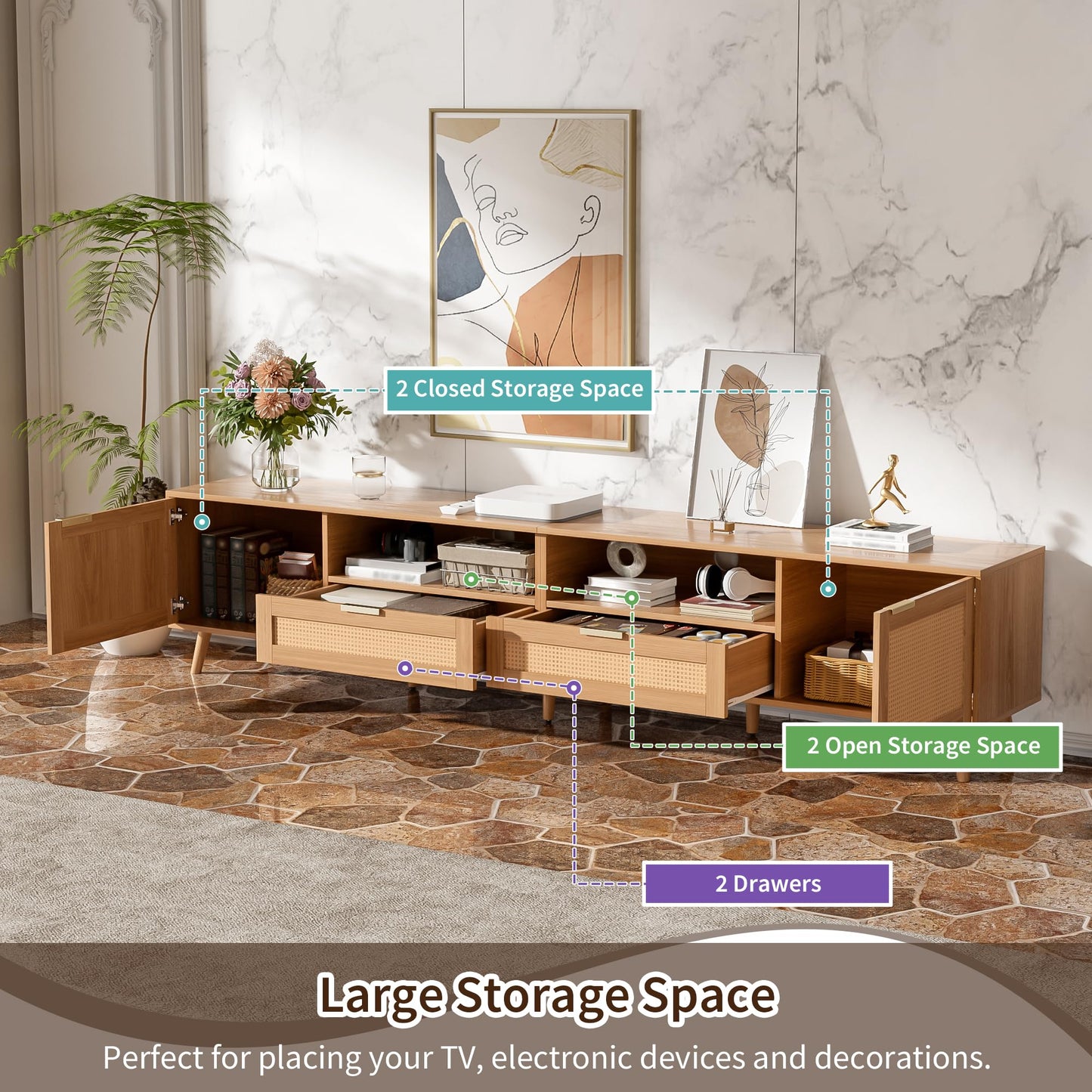 Merax 86'' Rattan TV Stand for TVs up to 90'', Modern Farmhouse Media Console, Entertainment Center with Solid Wood Legs, TV Cabinet for Living Room, Bedroom, Wood Color