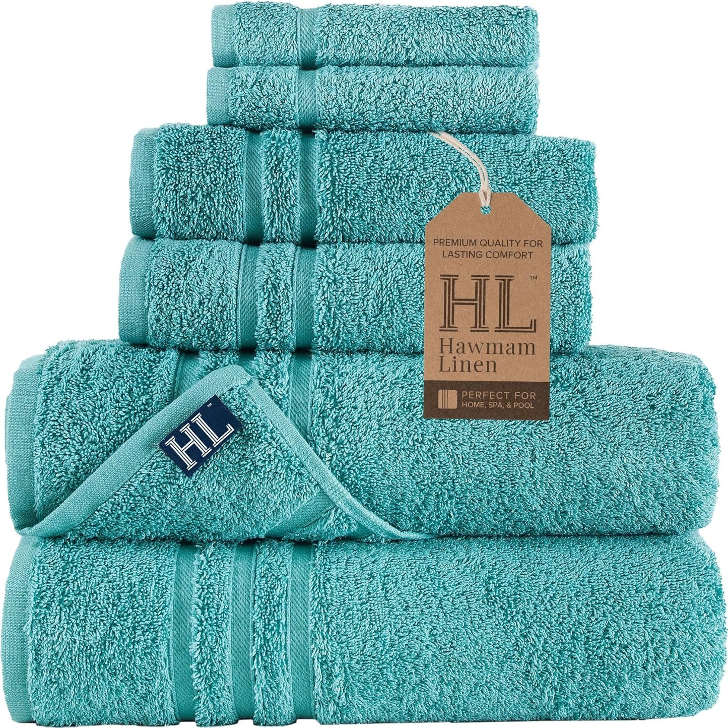 6 Set 2 2 2 Hawmam Linen Teal Turquoise Piece Bath Towels for Bathroom Original Turkish Cotton Soft, Absorbent